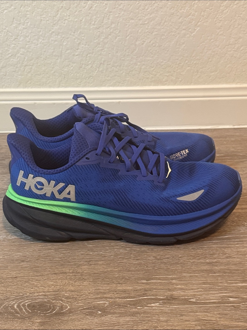 Hoka Clifton 9 Gore Tex Royal Blue Running Shoes with Neon Green Accent